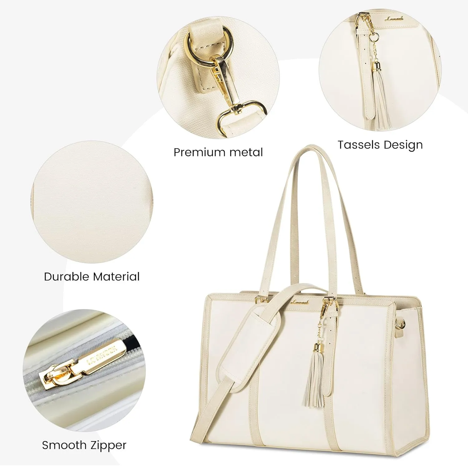LOVEVOOK Laptop Bag for Women 15.6 inch Lightweight Canvas Laptop Tote Bag, Large Capacity Computer bag with Clutch Purse for Business, Work, Office, Travel, School（Pearl White & Beige，15.6 Inch）