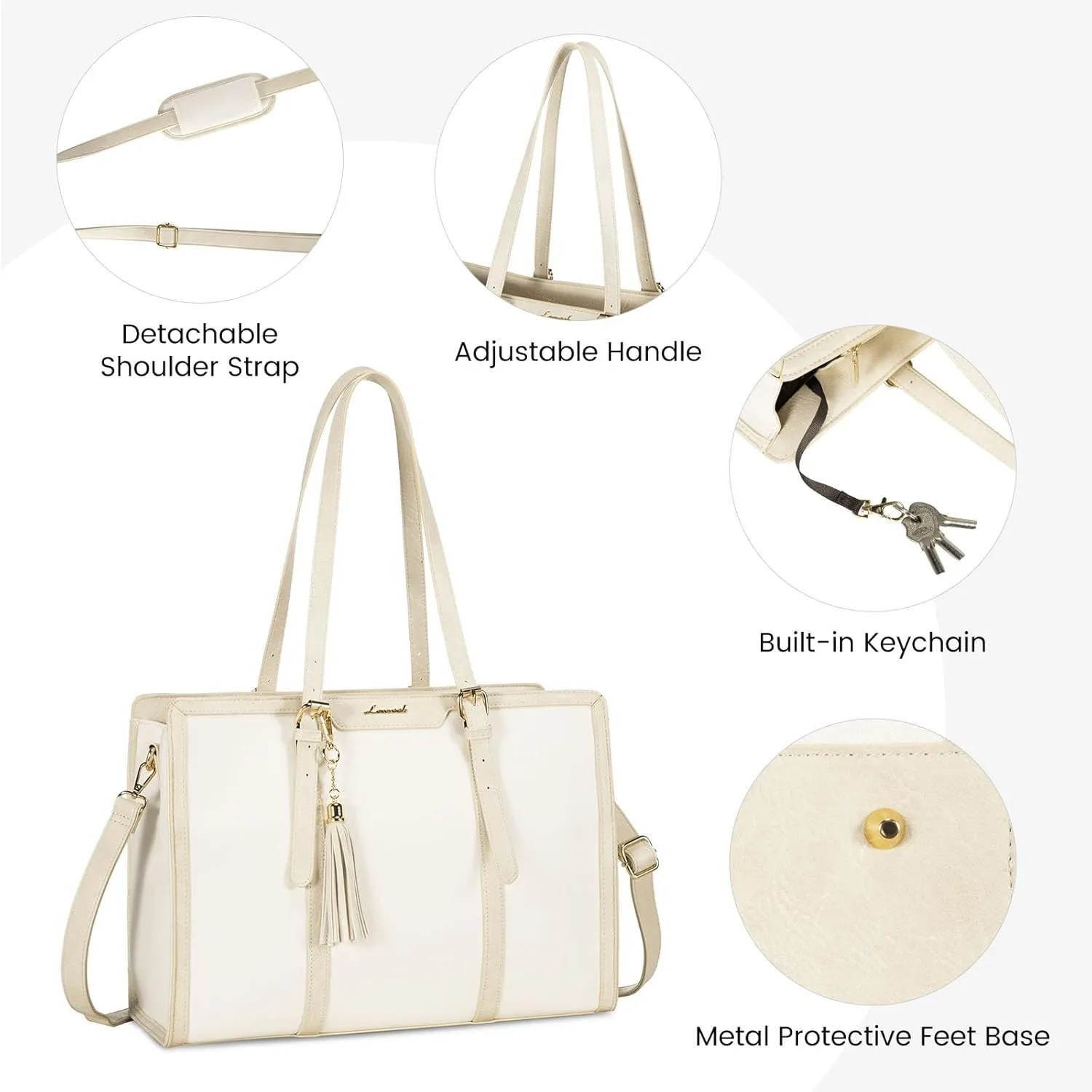 LOVEVOOK Laptop Bag for Women 15.6 inch Lightweight Canvas Laptop Tote Bag, Large Capacity Computer bag with Clutch Purse for Business, Work, Office, Travel, School（Pearl White & Beige，15.6 Inch）