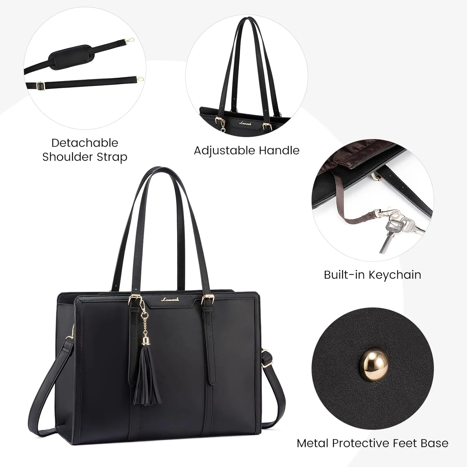 LOVEVOOK Laptop Bag for Women 17.3 Inch Lightweight PU Laptop Tote Bag, Large Capacity Computer bag with Clutch Purse for Business, Work, Office, Travel, School, Casual(Black & Leather)