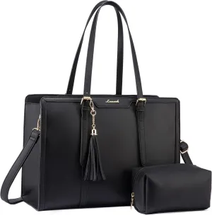 LOVEVOOK Laptop Bag for Women 17.3 Inch Lightweight PU Laptop Tote Bag, Large Capacity Computer bag with Clutch Purse for Business, Work, Office, Travel, School, Casual(Black & Leather)
