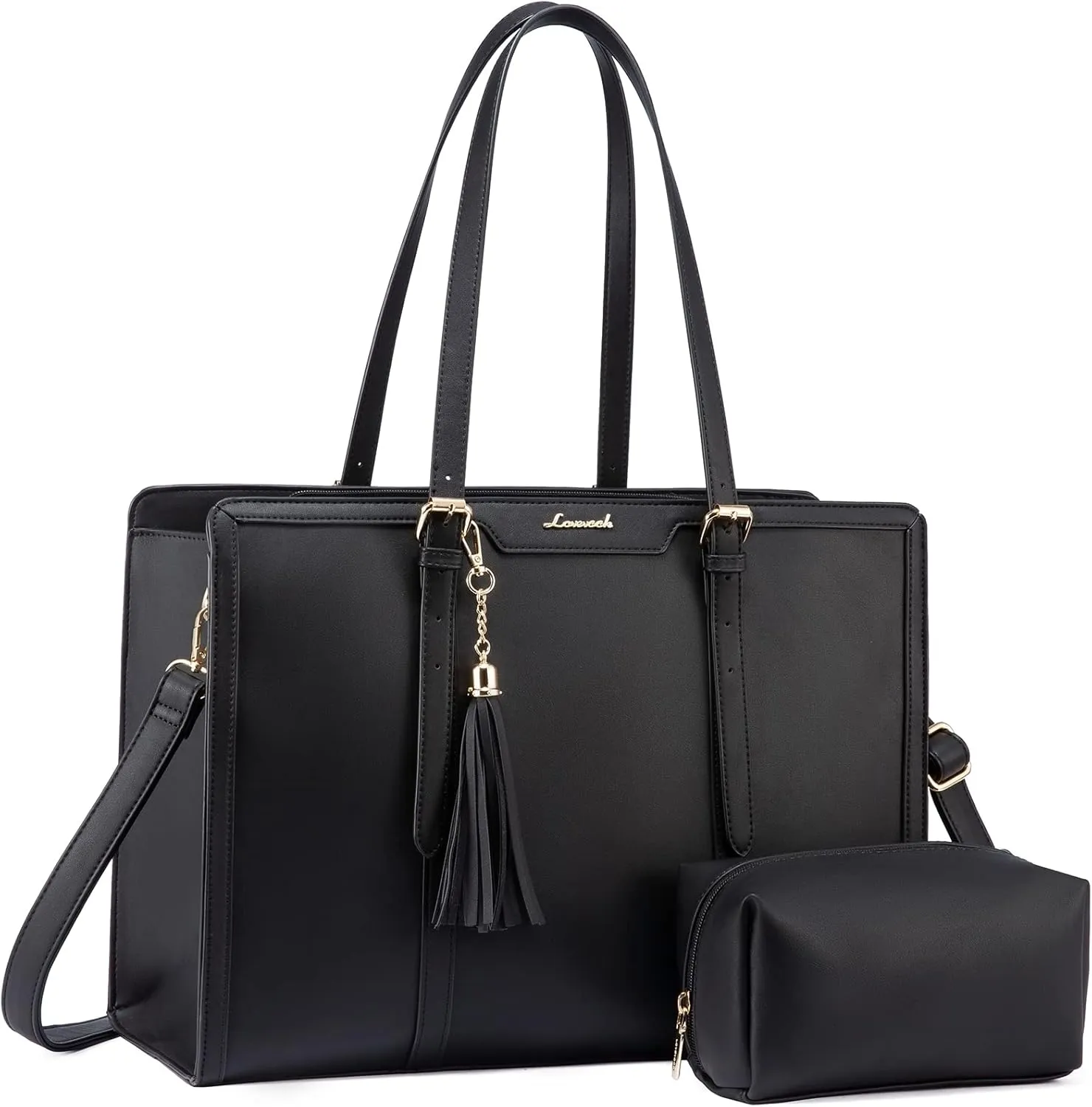 LOVEVOOK Laptop Bag for Women 17.3 Inch Lightweight PU Laptop Tote Bag, Large Capacity Computer bag with Clutch Purse for Business, Work, Office, Travel, School, Casual(Black & Leather)