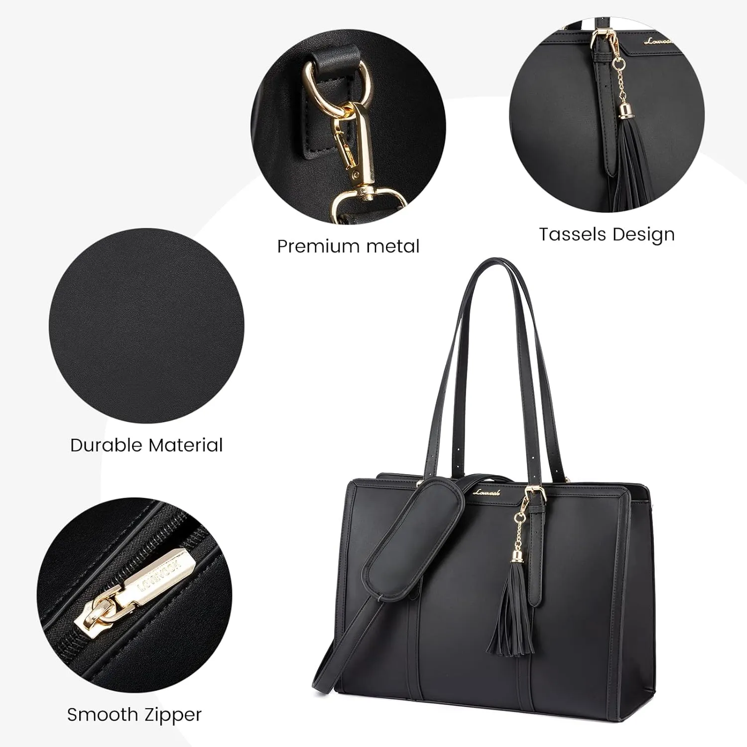 LOVEVOOK Laptop Bag for Women 17.3 Inch Lightweight PU Laptop Tote Bag, Large Capacity Computer bag with Clutch Purse for Business, Work, Office, Travel, School, Casual(Black & Leather)