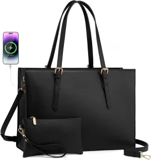 LOVEVOOK Laptop Tote Bag for Women, Large Briefcase for 15.6 Inch Computer Waterproof PU Leather Shoulder Bag with USB Charging Port, Business Office Work Shoulder Handbag Purse 2Pcs Set, Black