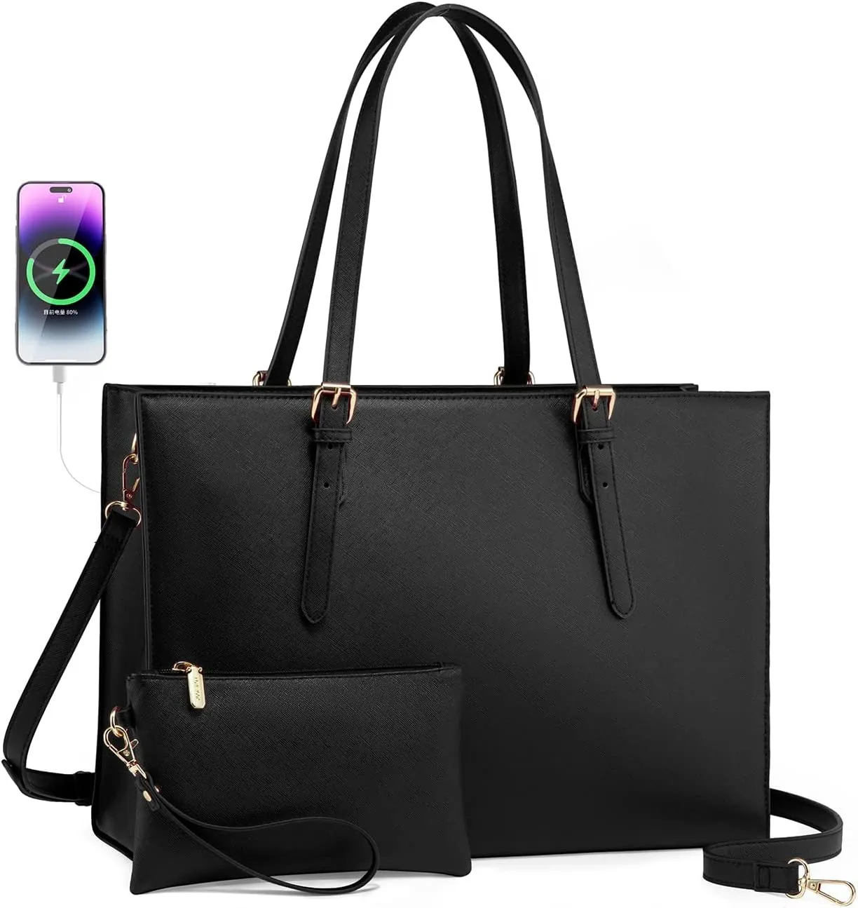 LOVEVOOK Laptop Tote Bag for Women, Large Briefcase for 15.6 Inch Computer Waterproof PU Leather Shoulder Bag with USB Charging Port, Business Office Work Shoulder Handbag Purse 2Pcs Set, Black