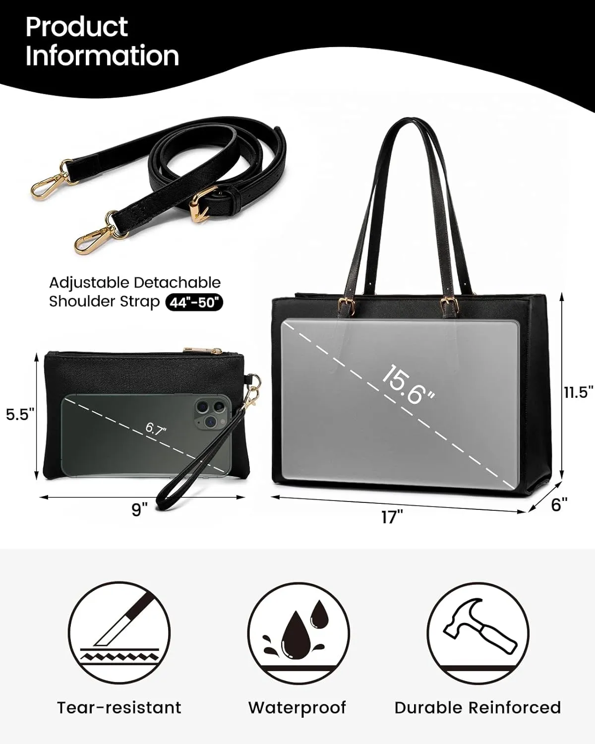LOVEVOOK Laptop Tote Bag for Women, Large Briefcase for 15.6 Inch Computer Waterproof PU Leather Shoulder Bag with USB Charging Port, Business Office Work Shoulder Handbag Purse 2Pcs Set, Black