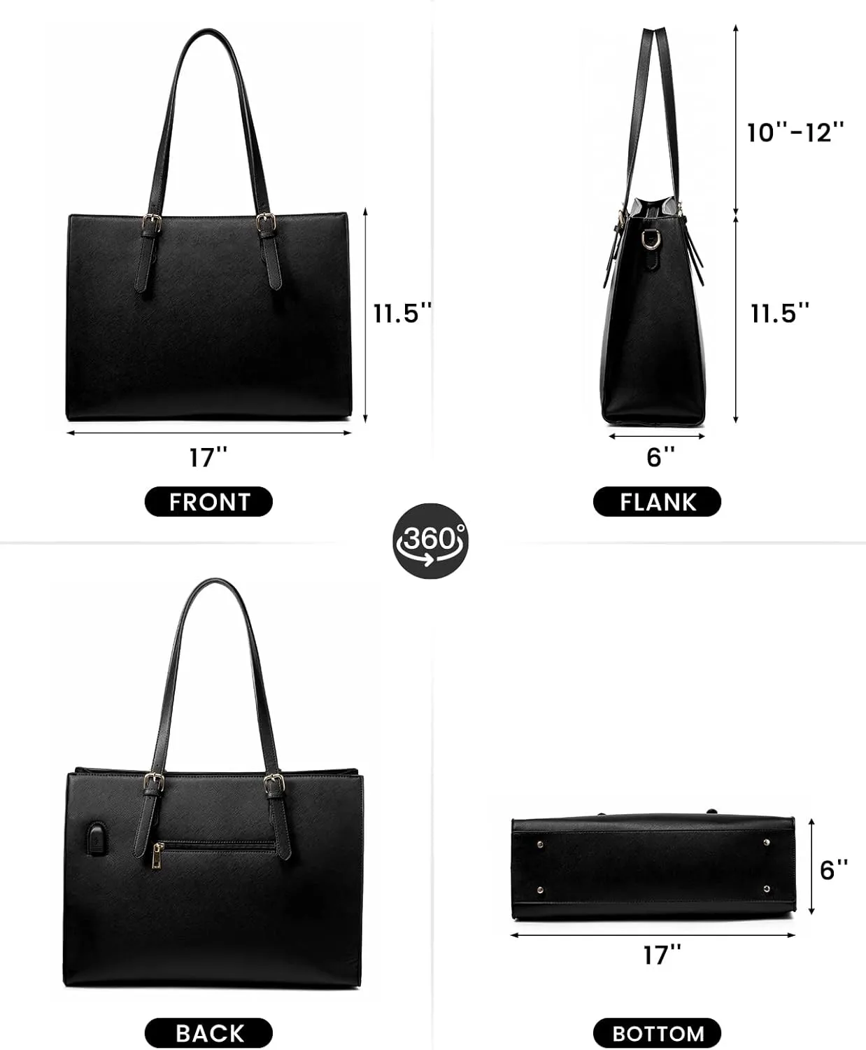 LOVEVOOK Laptop Tote Bag for Women, Large Briefcase for 15.6 Inch Computer Waterproof PU Leather Shoulder Bag with USB Charging Port, Business Office Work Shoulder Handbag Purse 2Pcs Set, Black