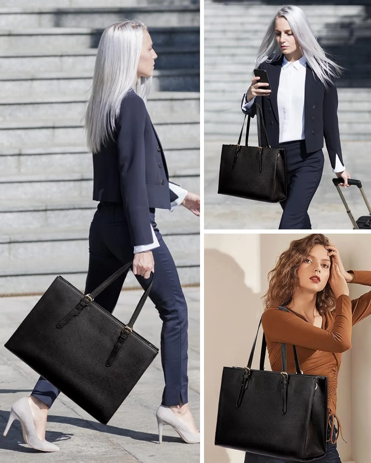 LOVEVOOK Laptop Tote Bag for Women, Large Briefcase for 15.6 Inch Computer Waterproof PU Leather Shoulder Bag with USB Charging Port, Business Office Work Shoulder Handbag Purse 2Pcs Set, Black