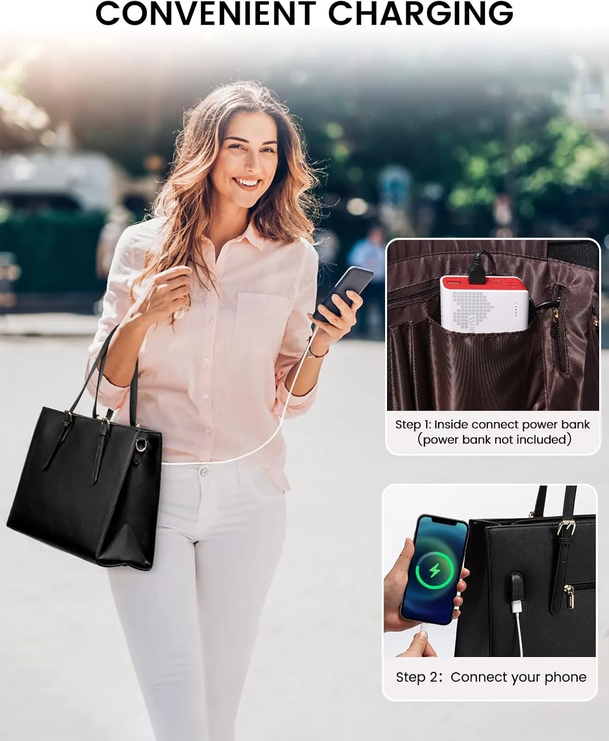 LOVEVOOK Laptop Tote Bag for Women, Large Briefcase for 15.6 Inch Computer Waterproof PU Leather Shoulder Bag with USB Charging Port, Business Office Work Shoulder Handbag Purse 2Pcs Set, Black