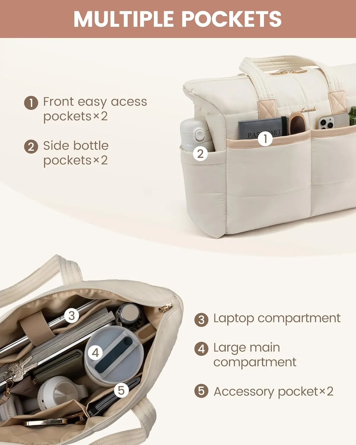 LOVEVOOK Tote Bag for Women,Light Puffer Tote Bag with Multi-pockets,Stylish Carry on Laptop Bags for Daily,Travel,Work,Gym