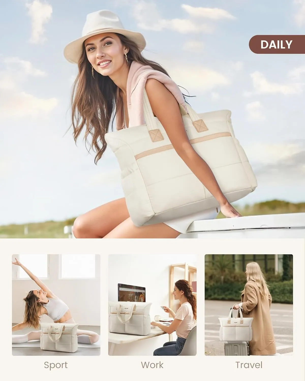LOVEVOOK Tote Bag for Women,Light Puffer Tote Bag with Multi-pockets,Stylish Carry on Laptop Bags for Daily,Travel,Work,Gym