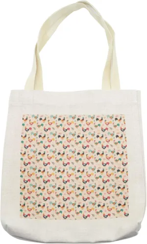 Lunarable Chicken Tote Bag, Farmland Animal Pattern with Cartoon Style Drawing Roosters with Floral Elements, Cloth Linen Reusable Bag for Shopping Books Beach and More, 16.5" X 14", Cream