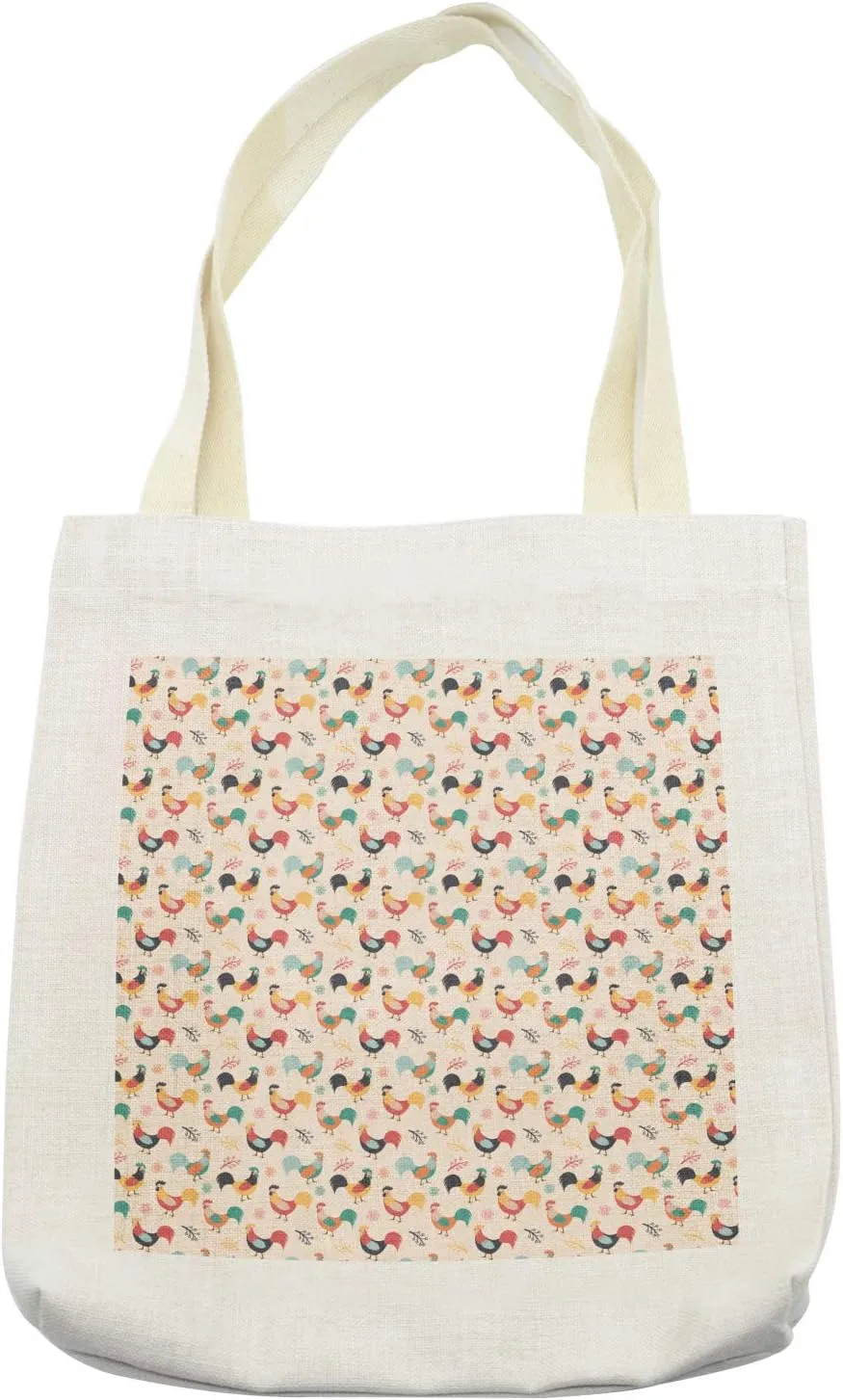 Lunarable Chicken Tote Bag, Farmland Animal Pattern with Cartoon Style Drawing Roosters with Floral Elements, Cloth Linen Reusable Bag for Shopping Books Beach and More, 16.5" X 14", Cream
