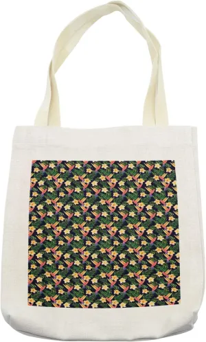 Lunarable Hibiscus Tote Bag, Interpretation of Colorful Botanical Scene with Hummingbirds, Cloth Linen Reusable Bag for Shopping Books Beach and More, 16.5" X 14", Cream