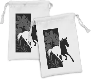 Lunarable Horse Fabric Pouch Set of 2, Silhouette of Mustang in Monochrome Color Abstract Framework Maple Leaves Sprigs, Small Drawstring Bag for Toiletries Masks and Favors, 9" x 6", Black and White