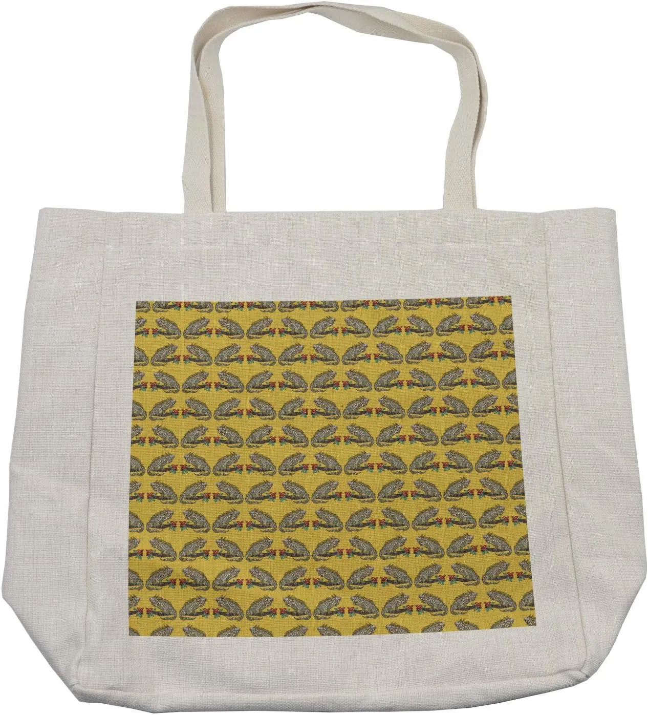 Lunarable Iguana Shopping Bag, Repetition of Ornamental Lizard on Branch with Flower, Eco-Friendly Reusable Bag for Groceries Beach and More, 15.5" X 14.5", Cream
