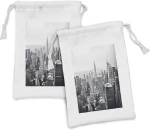 Lunarable Urban Fabric Pouch Set of 2, USA Design Theme Aerial View of New York City Skyscrapers and the Foggy Sky Digital Print, Small Drawstring Bag for Toiletries Masks and Favors, 9" x 6", Grey