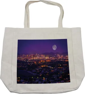Lunarable USA Shopping Bag, Phoenix Arizona Full Moon Sky over Phoenix Arizona Downtown Residential Areas, Eco-Friendly Reusable Bag for Groceries Beach and More, 15.5" X 14.5", Cream