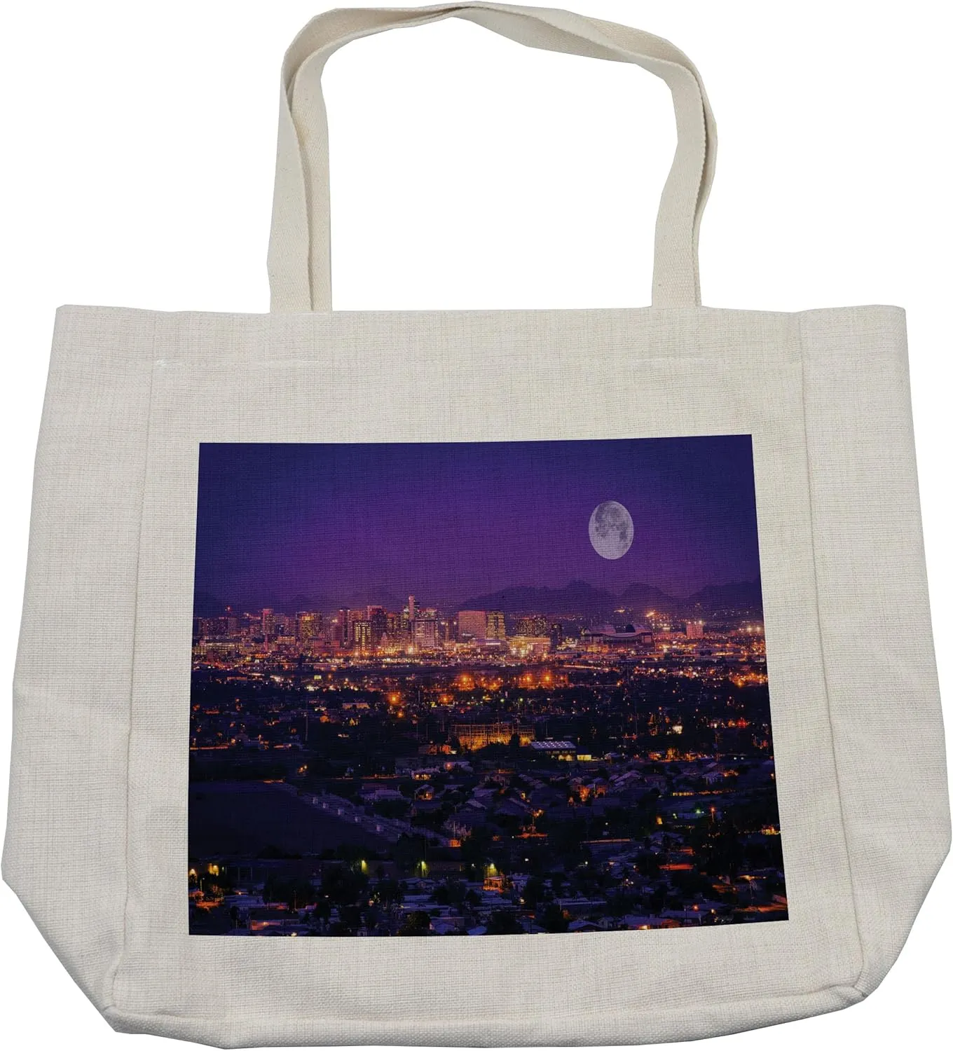 Lunarable USA Shopping Bag, Phoenix Arizona Full Moon Sky over Phoenix Arizona Downtown Residential Areas, Eco-Friendly Reusable Bag for Groceries Beach and More, 15.5" X 14.5", Cream