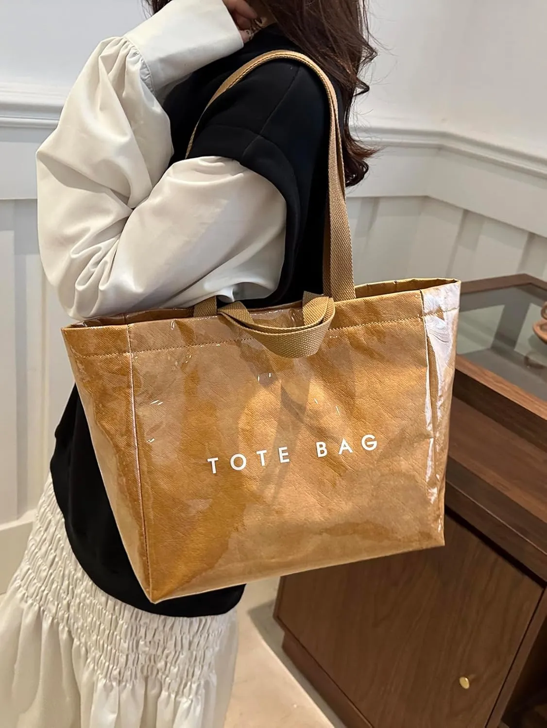 Lushandy PVC Shoulder Bag Kraft Paper Tote Bag for Women Letter Print Tote Handbag Clear PVC Viral Bag For Shopping Travel