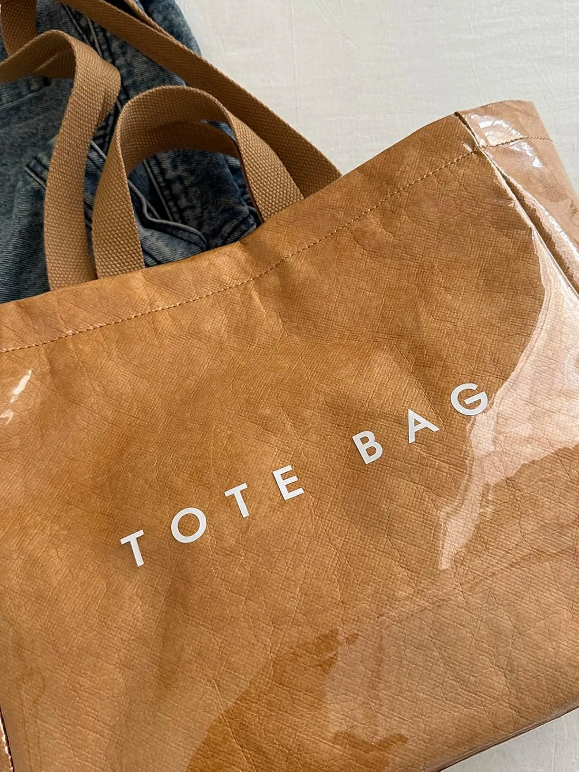 Lushandy PVC Shoulder Bag Kraft Paper Tote Bag for Women Letter Print Tote Handbag Clear PVC Viral Bag For Shopping Travel