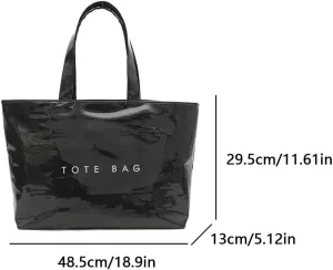Lushandy PVC Tote Bag for Women Work Large Trendy Letter Print Tote Bag with Shoulder Strap Shiny Transparent Hobo Handbag