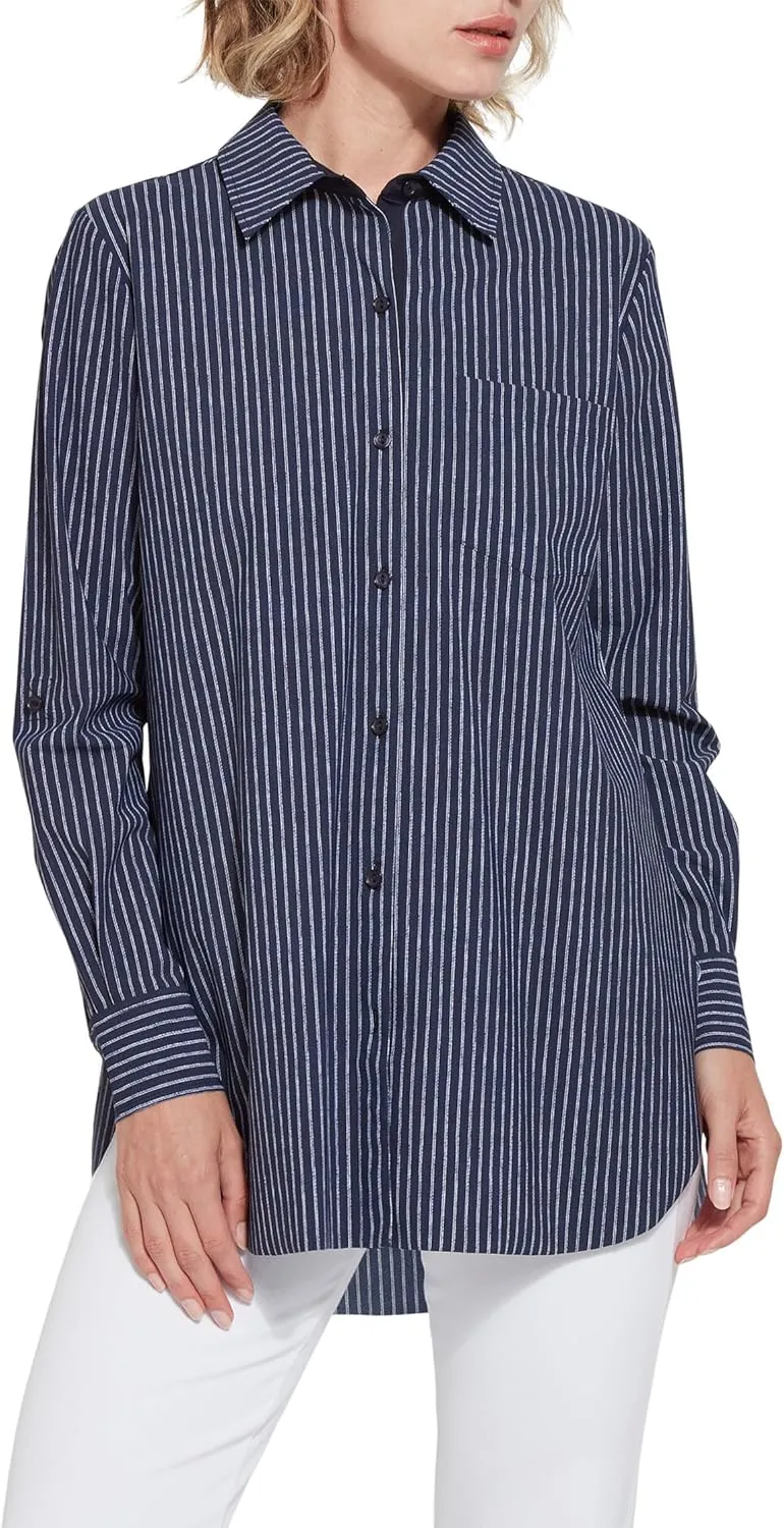 Lysse Schiffer Button-Down Printed Microfiber Top Oxford Pinstripe SM