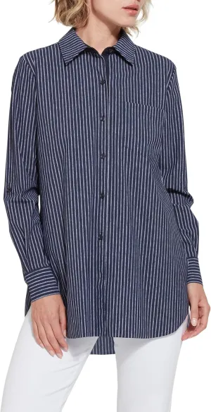 Lysse Schiffer Button-Down Printed Microfiber Top Oxford Pinstripe SM