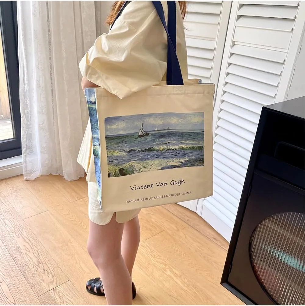 LZ Handbag Tote Bag Large Capacity Women's Canvas Bag Shopping Monet Oil Painting With Zipper Library, Carry Laptop