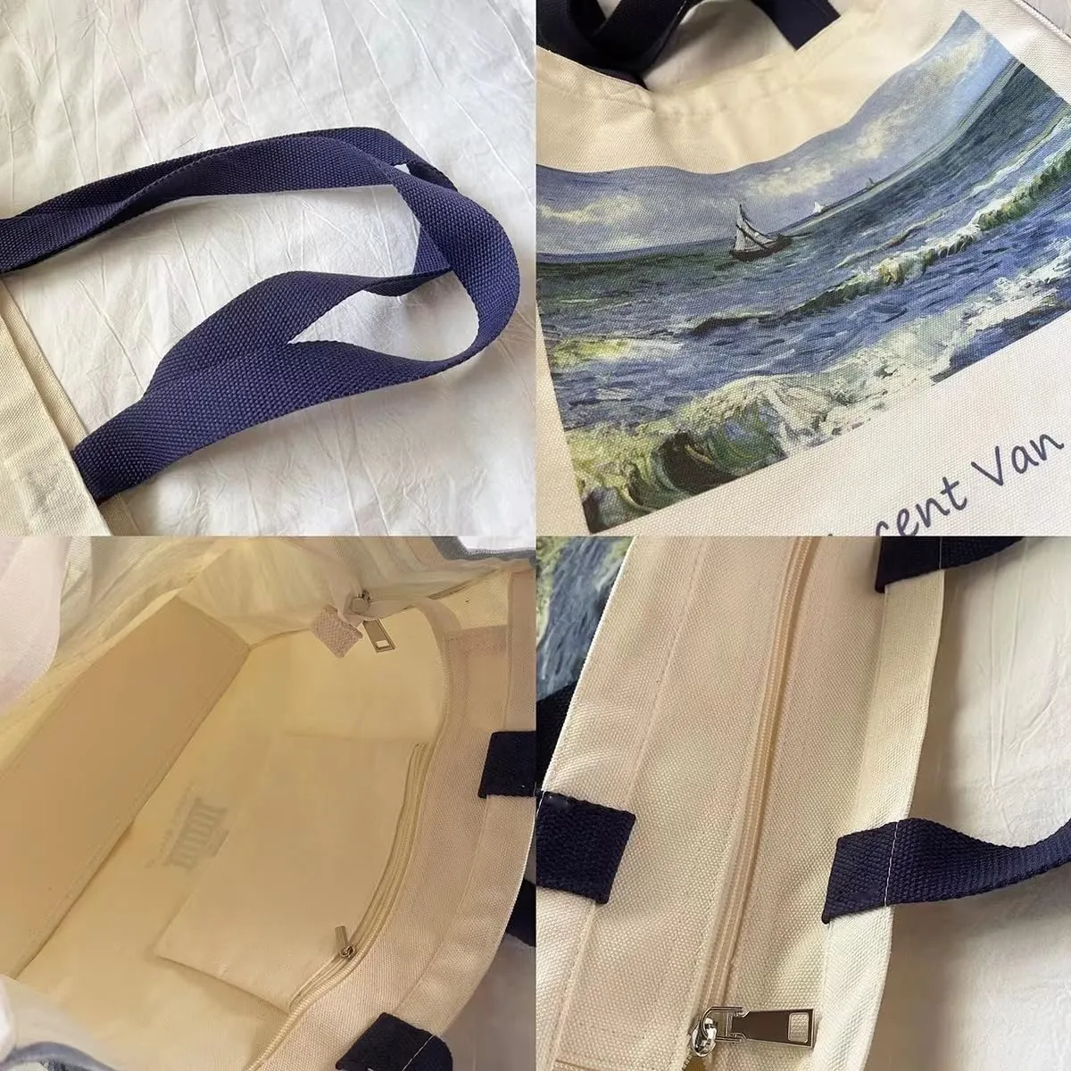 LZ Handbag Tote Bag Large Capacity Women's Canvas Bag Shopping Monet Oil Painting With Zipper Library, Carry Laptop