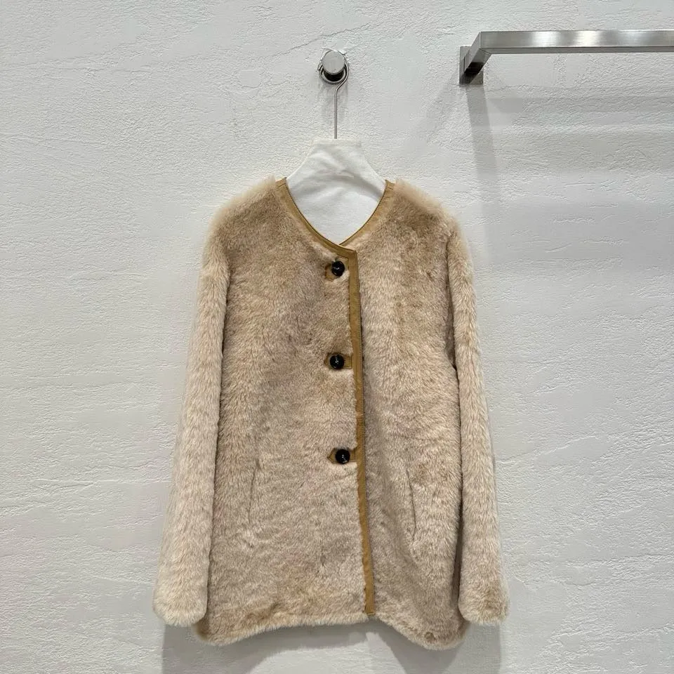M House Relaxed Merino Shearling Mid-long Coat with Round Neck Champagne