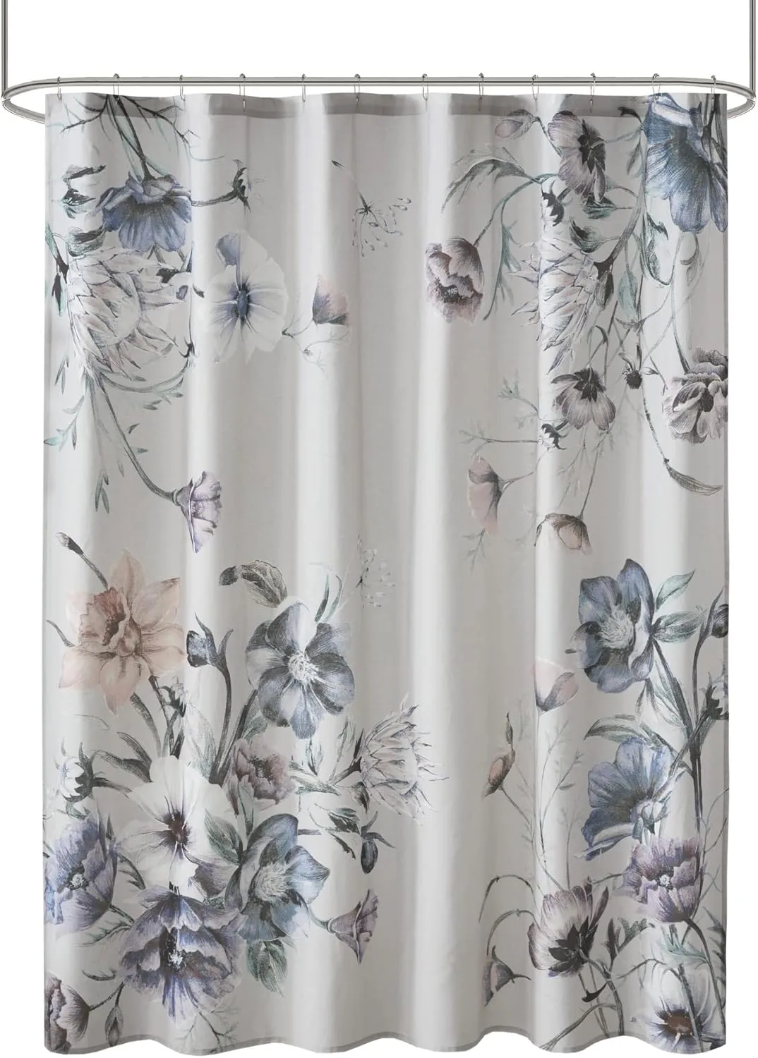 Madison Park Cassandra Cotton Percale Bathroom Shower, Printed Floral Design Modern Shabby Chic Privacy Bath Fabric Curtains, 72"x72", Blue