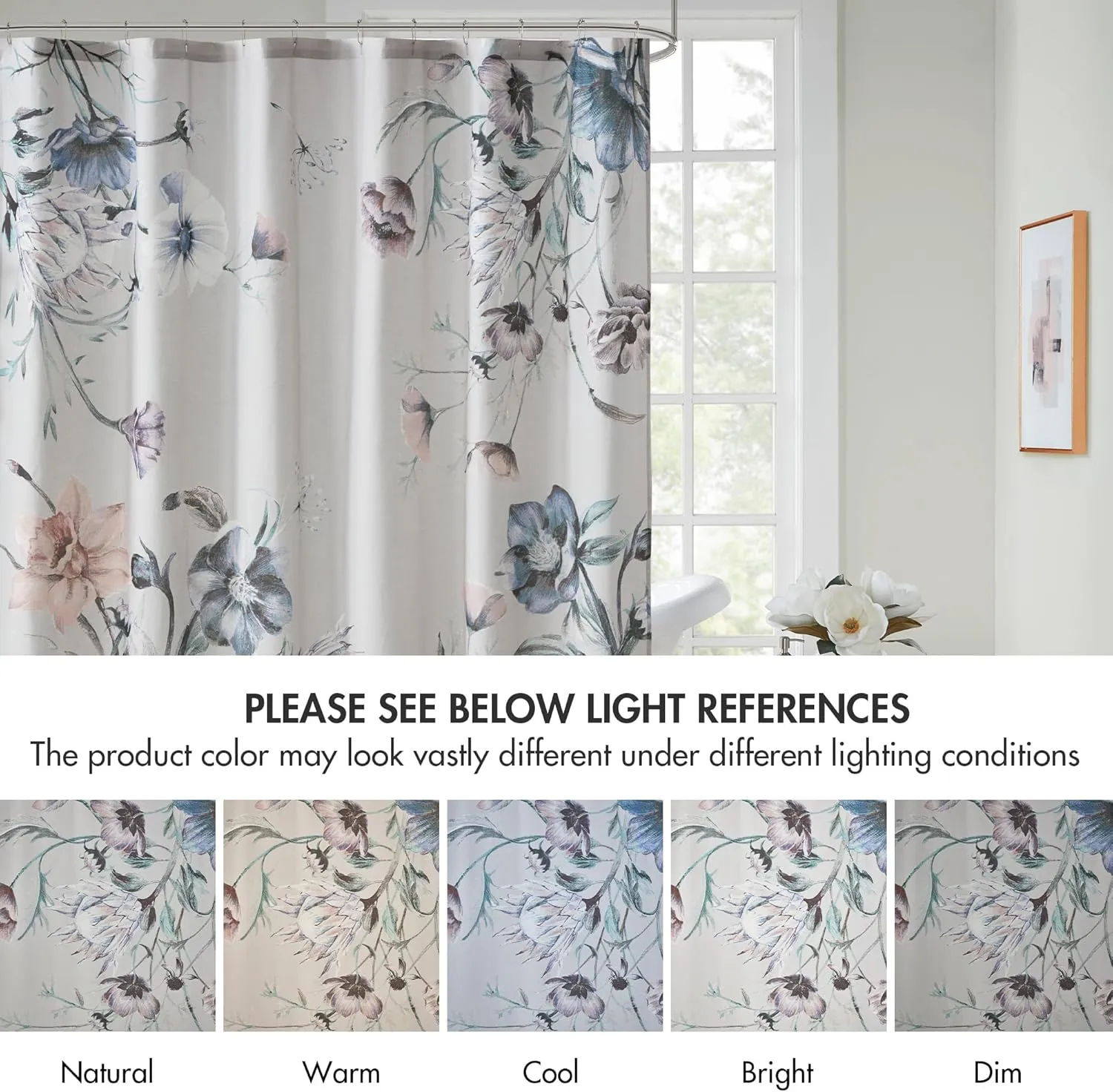 Madison Park Cassandra Cotton Percale Bathroom Shower, Printed Floral Design Modern Shabby Chic Privacy Bath Fabric Curtains, 72"x72", Blue