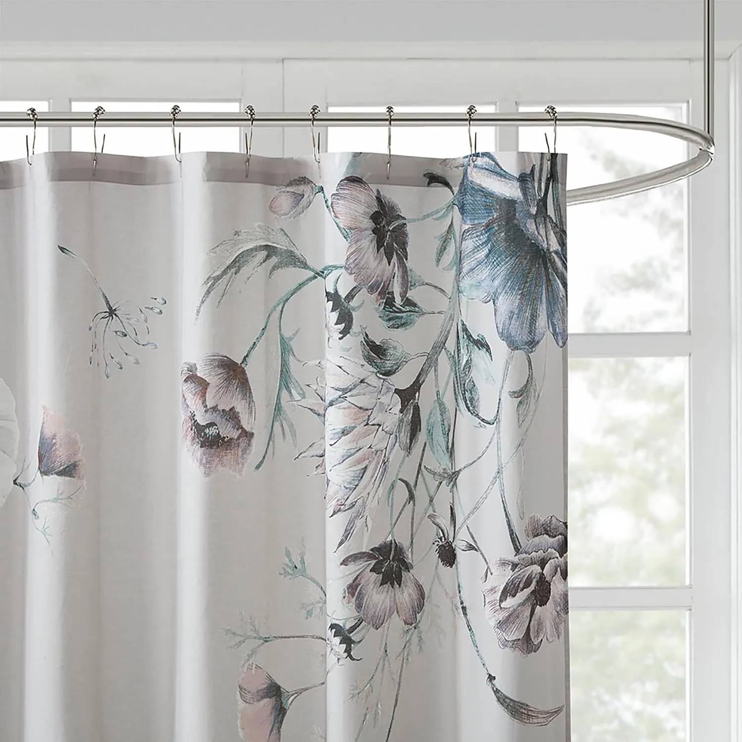 Madison Park Cassandra Cotton Percale Bathroom Shower, Printed Floral Design Modern Shabby Chic Privacy Bath Fabric Curtains, 72"x72", Blue