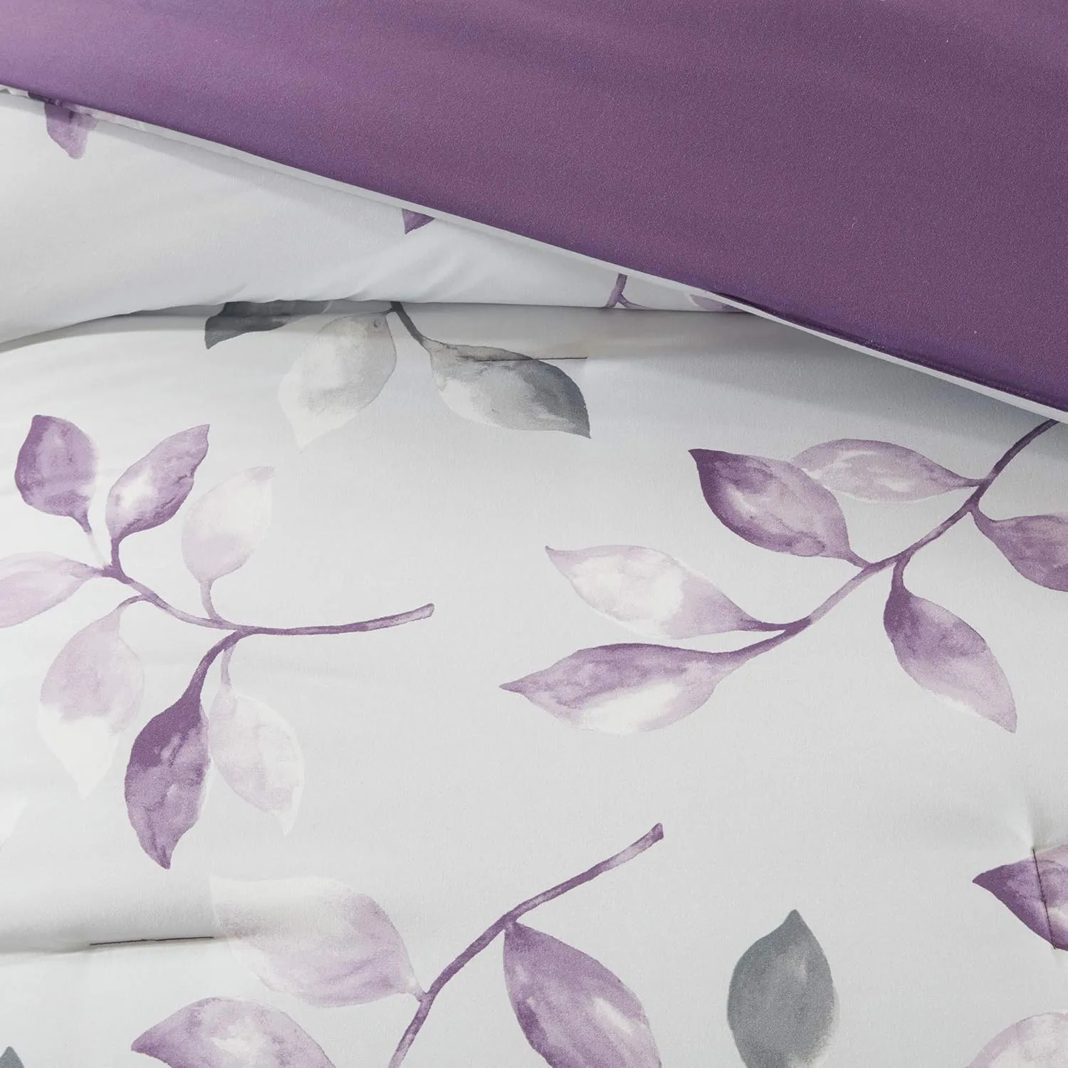 Madison Park Essentials Cozy Bed In A Bag Comforter with Complete Cotton Sheet Set - Trendy Floral Design All Season Cover, Decorative Pillow, Full(78"x86"), Leaf Purple 9 Piece