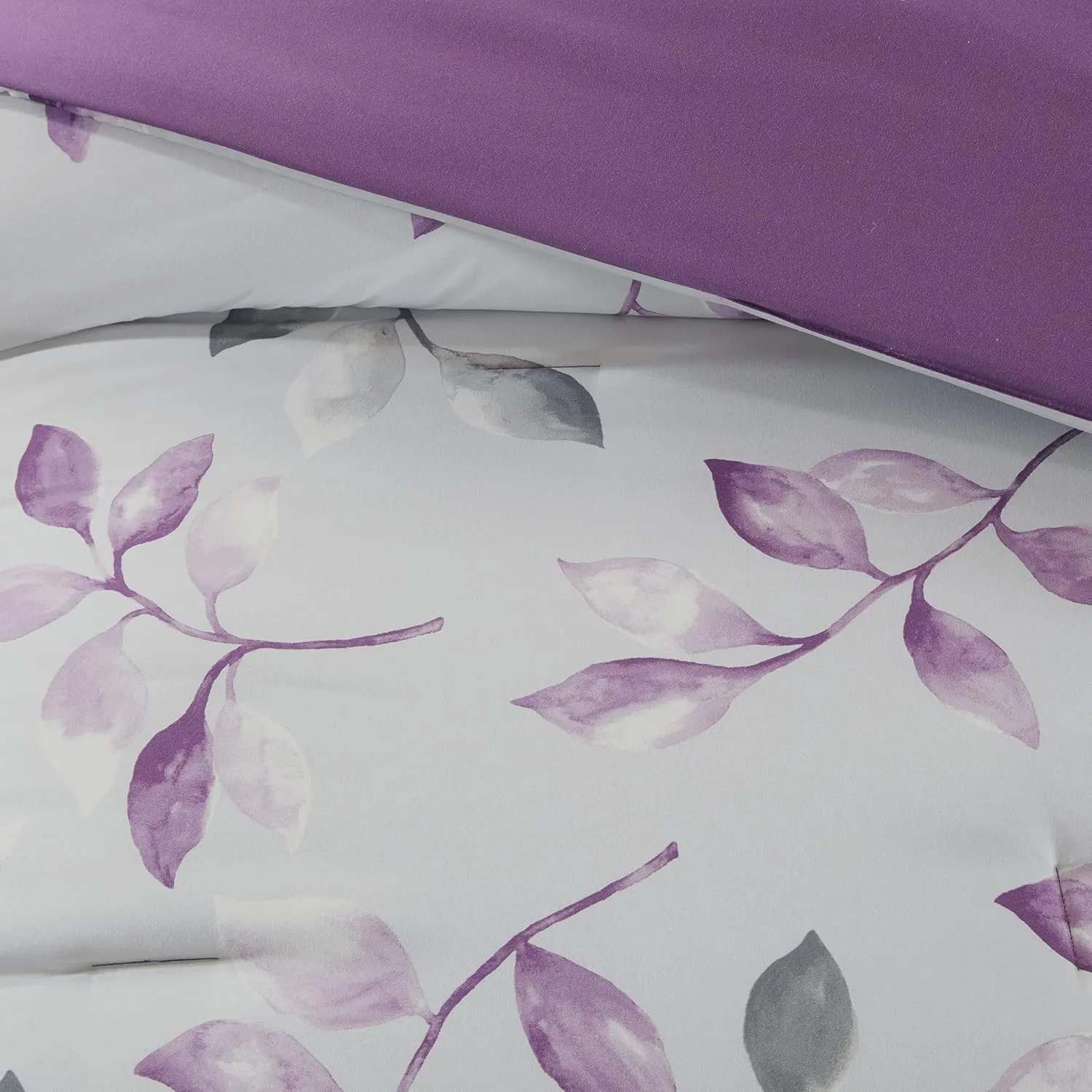 Madison Park Essentials Cozy Bed In A Bag Comforter with Complete Cotton Sheet Set - Trendy Floral Design All Season Cover, Decorative Pillow, Full(78"x86"), Leaf Purple 9 Piece