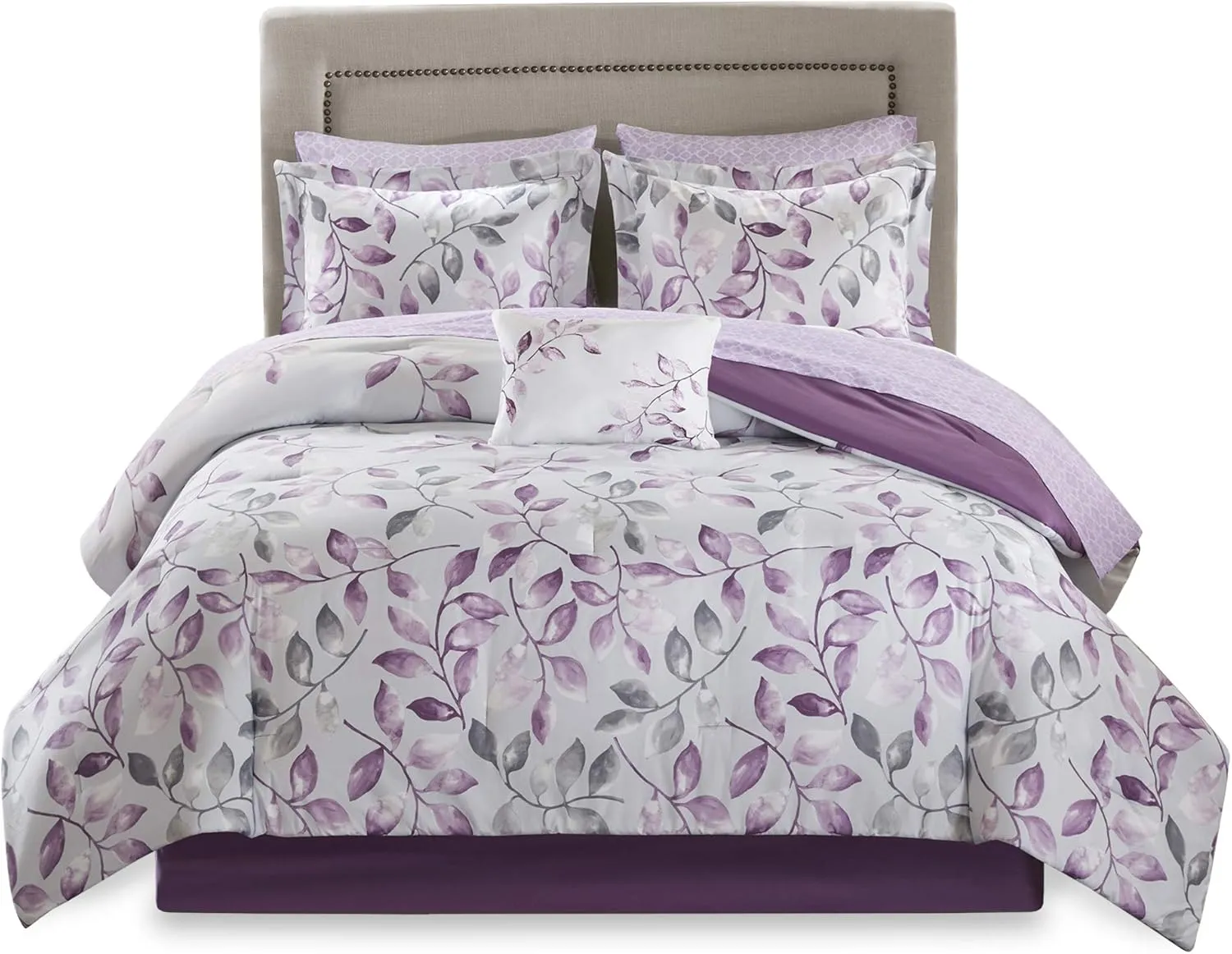 Madison Park Essentials Cozy Bed In A Bag Comforter with Complete Cotton Sheet Set - Trendy Floral Design All Season Cover, Decorative Pillow, Full(78"x86"), Leaf Purple 9 Piece