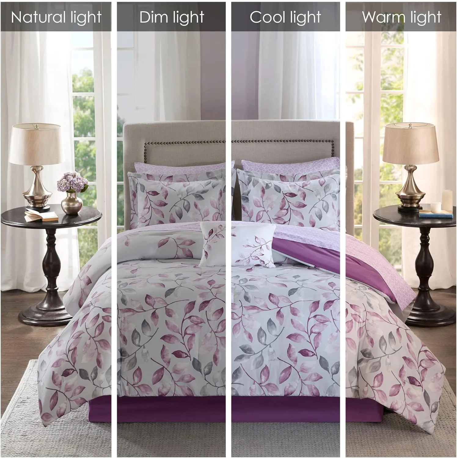 Madison Park Essentials Cozy Bed In A Bag Comforter with Complete Cotton Sheet Set - Trendy Floral Design All Season Cover, Decorative Pillow, Full(78"x86"), Leaf Purple 9 Piece