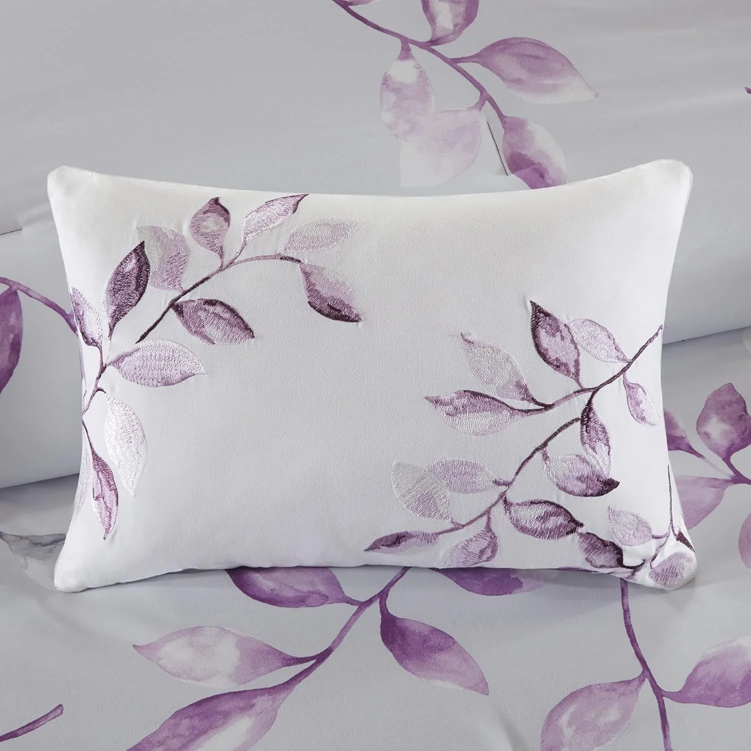 Madison Park Essentials Cozy Bed In A Bag Comforter with Complete Cotton Sheet Set - Trendy Floral Design All Season Cover, Decorative Pillow, Full(78"x86"), Leaf Purple 9 Piece