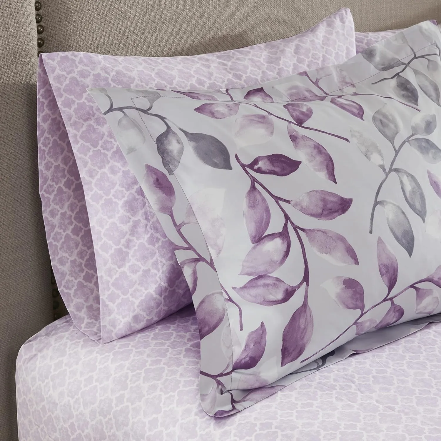 Madison Park Essentials Cozy Bed In A Bag Comforter with Complete Cotton Sheet Set - Trendy Floral Design All Season Cover, Decorative Pillow, Full(78"x86"), Leaf Purple 9 Piece