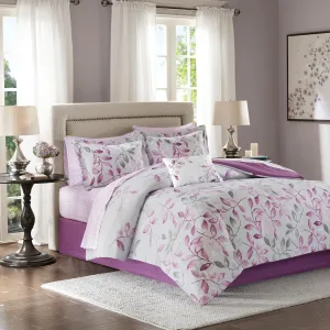 Madison Park Essentials Cozy Bed In A Bag Comforter with Complete Cotton Sheet Set - Trendy Floral Design All Season Cover, Decorative Pillow, Full(78"x86"), Leaf Purple 9 Piece