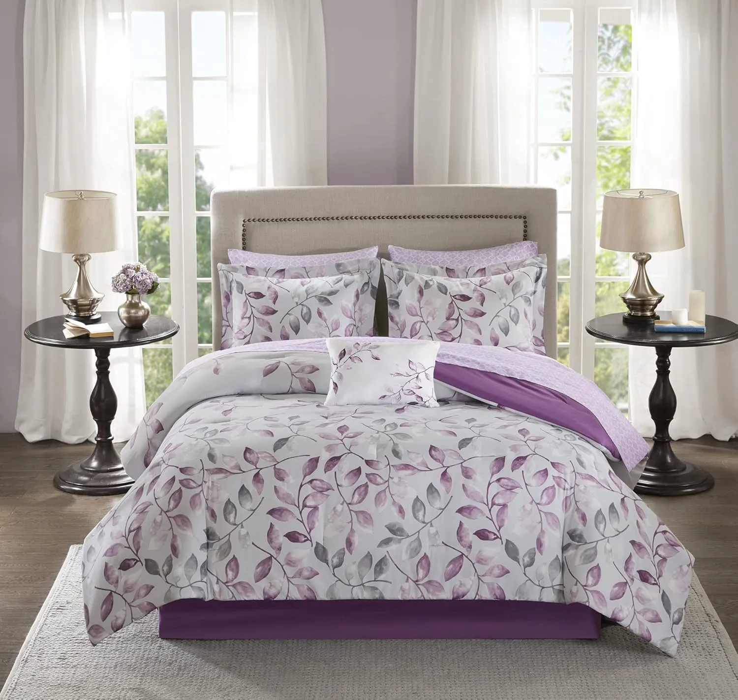 Madison Park Essentials Cozy Bed In A Bag Comforter with Complete Cotton Sheet Set - Trendy Floral Design All Season Cover, Decorative Pillow, Full(78"x86"), Leaf Purple 9 Piece