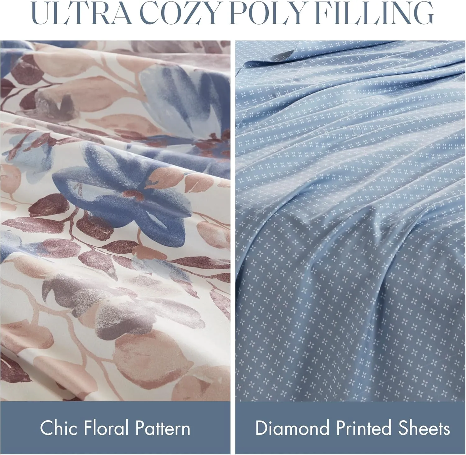 Madison Park Queen Comforter Set with Sheets, Floral Bed in A Bag Microfiber Comforter for Queen-Size Bed, Shabby Chic Queen Bedding Set Diamond Printed Sheet, Luna, Queen, Blue 7 Piece