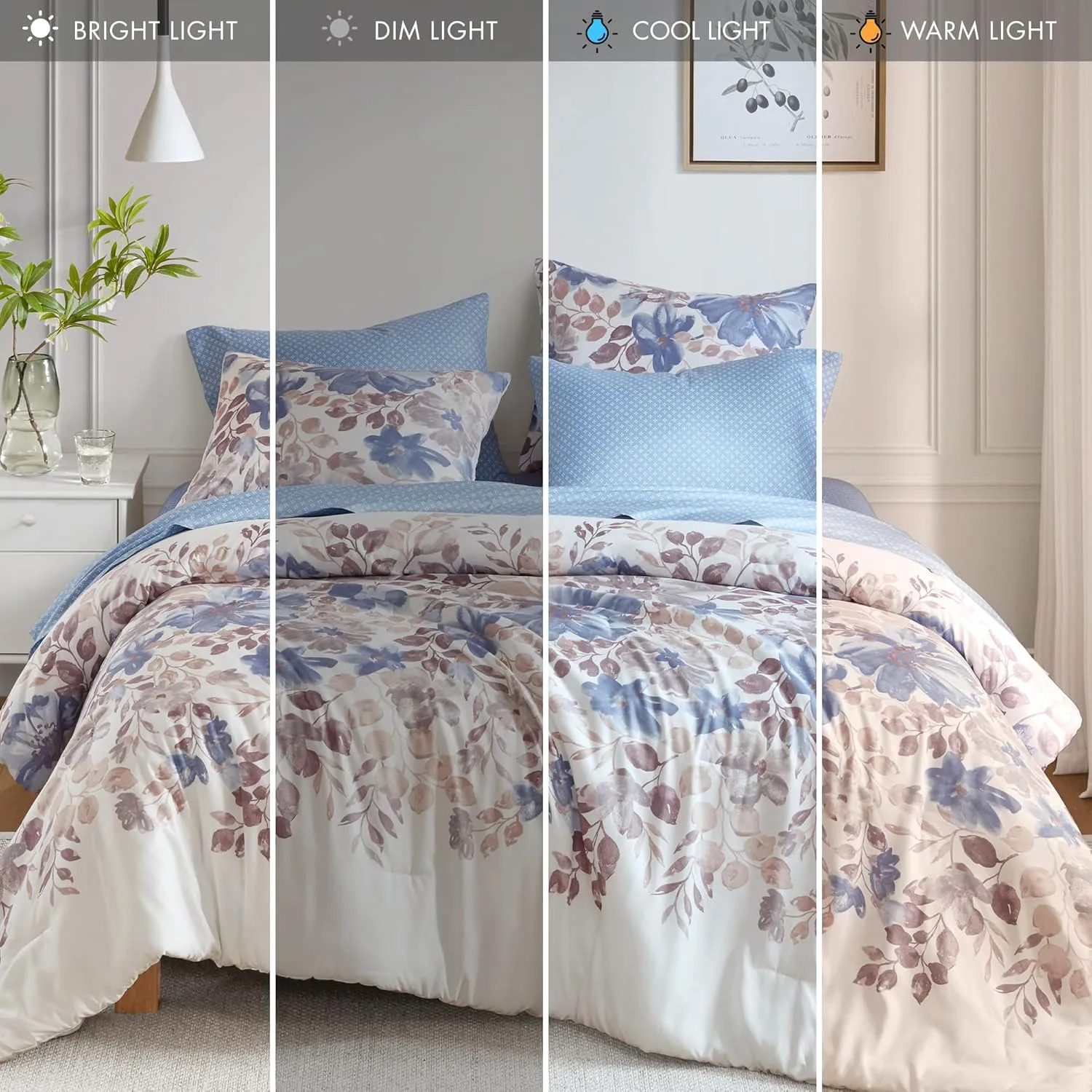 Madison Park Queen Comforter Set with Sheets, Floral Bed in A Bag Microfiber Comforter for Queen-Size Bed, Shabby Chic Queen Bedding Set Diamond Printed Sheet, Luna, Queen, Blue 7 Piece