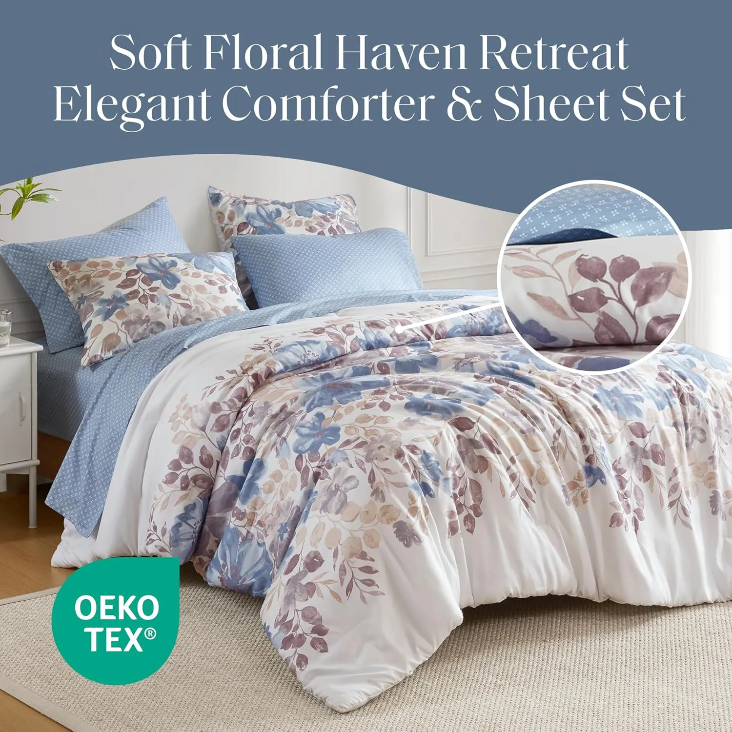 Madison Park Queen Comforter Set with Sheets, Floral Bed in A Bag Microfiber Comforter for Queen-Size Bed, Shabby Chic Queen Bedding Set Diamond Printed Sheet, Luna, Queen, Blue 7 Piece