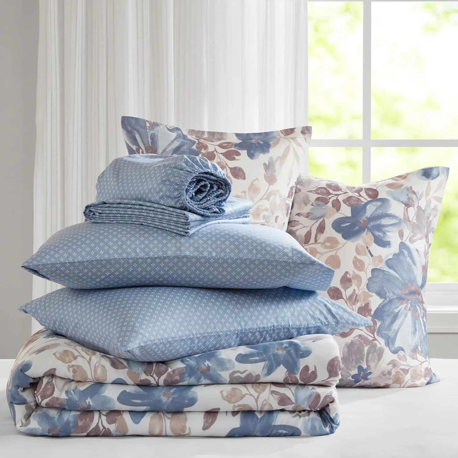 Madison Park Queen Comforter Set with Sheets, Floral Bed in A Bag Microfiber Comforter for Queen-Size Bed, Shabby Chic Queen Bedding Set Diamond Printed Sheet, Luna, Queen, Blue 7 Piece