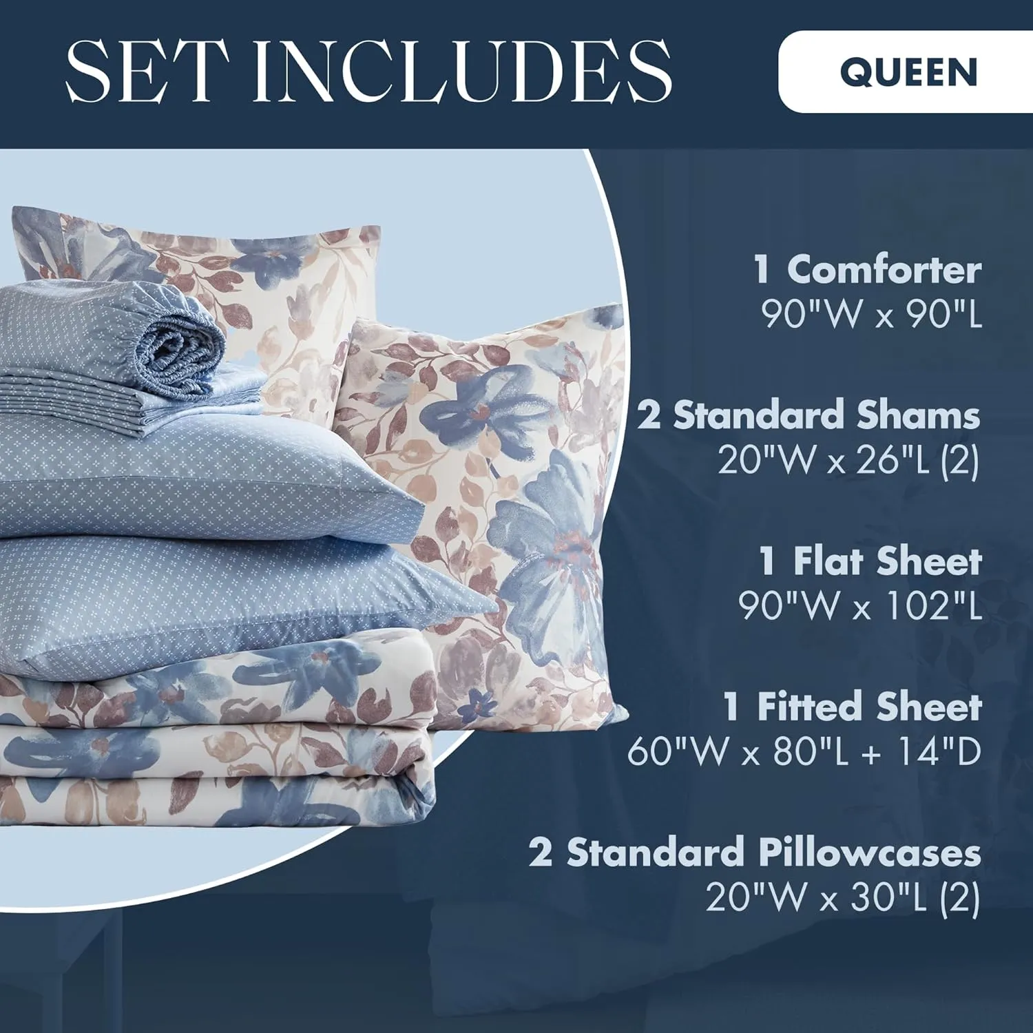 Madison Park Queen Comforter Set with Sheets, Floral Bed in A Bag Microfiber Comforter for Queen-Size Bed, Shabby Chic Queen Bedding Set Diamond Printed Sheet, Luna, Queen, Blue 7 Piece