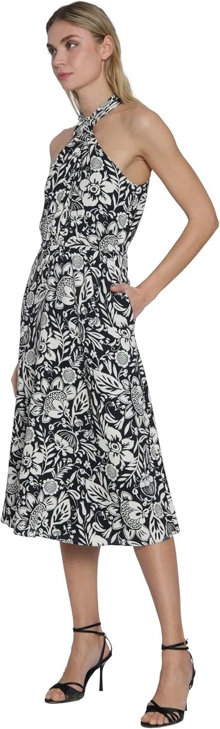 Maggy London Women's Dresses Tropical Floral Print Halter Midi Dress with Cinched Waist