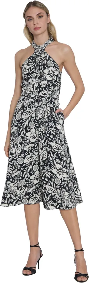 Maggy London Women's Dresses Tropical Floral Print Halter Midi Dress with Cinched Waist