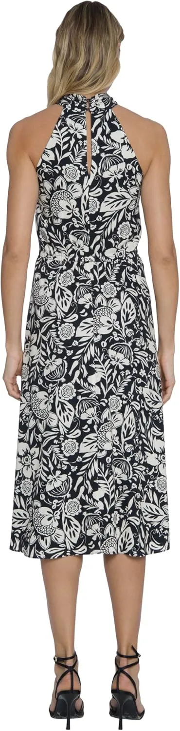 Maggy London Women's Dresses Tropical Floral Print Halter Midi Dress with Cinched Waist