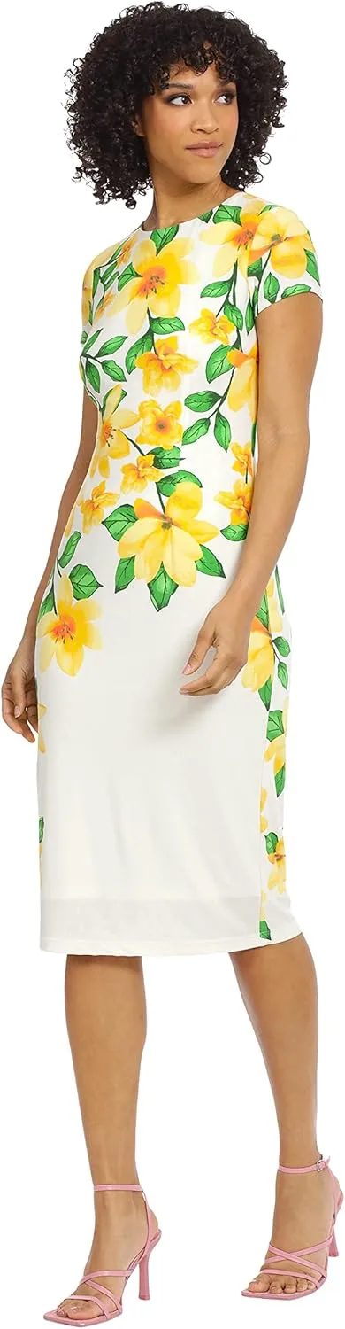Maggy London Women's Placement Print Matte Jersey Midi Sheath Career Office Workwear Event Occasion Guest of
